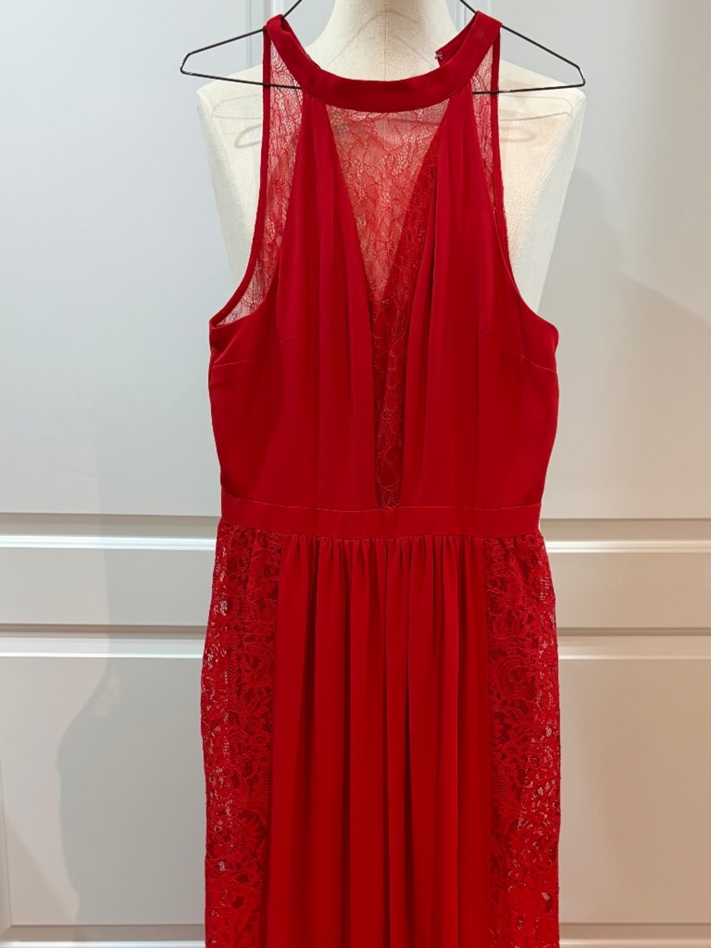 Express Red Lace Maxi Dress Formal Evening Gown Open Back Lace Panel